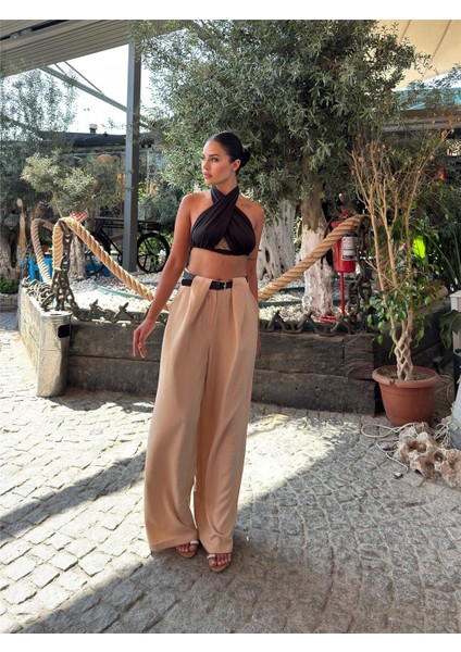Bej Keten Karışımlı Kemerli Pantolon fiyatları
