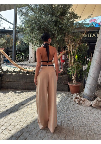 Bej Keten Karışımlı Kemerli Pantolon modelleri