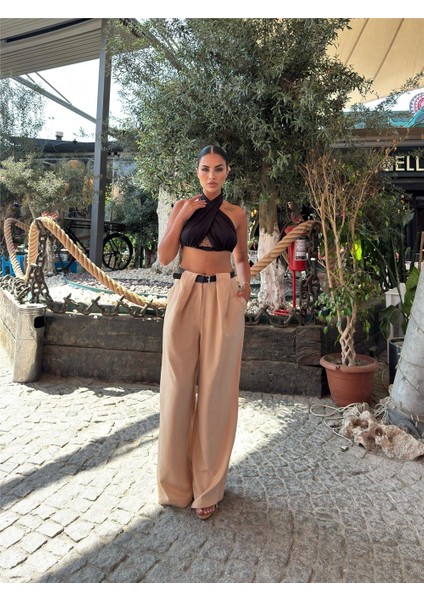 Bej Keten Karışımlı Kemerli Pantolon fırsatları