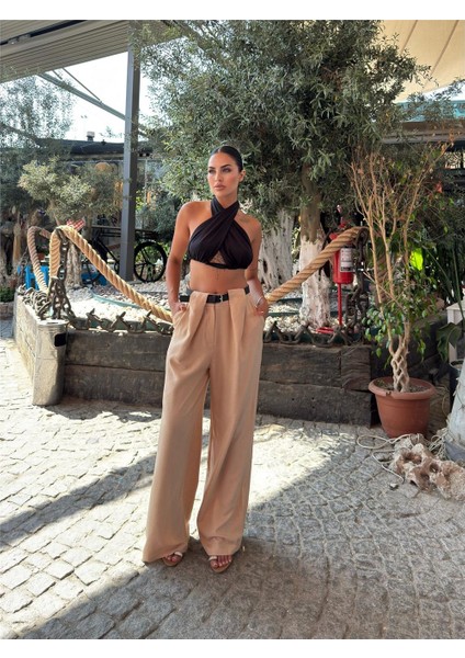 Bej Keten Karışımlı Kemerli Pantolon indirimleri