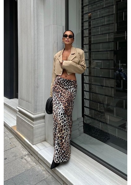 Kadın Multi Polyester Animal Desenli Saten Uzun Etek