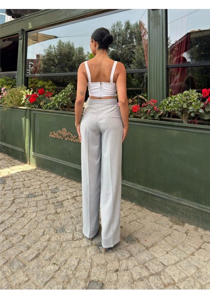 Gri Keten Karışımlı Düz Paça Pantolon fiyatları
