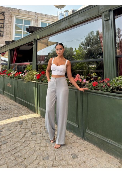 Gri Keten Karışımlı Düz Paça Pantolon fırsatları