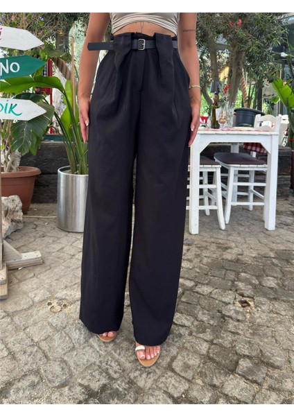 Siyah Keten Karışımlı Kemerli Pantolon