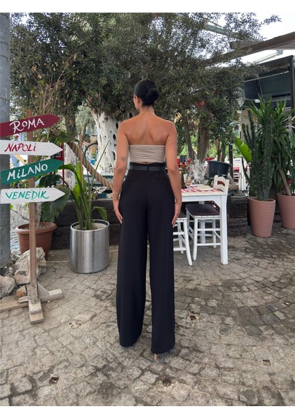 Siyah Keten Karışımlı Kemerli Pantolon fiyatları