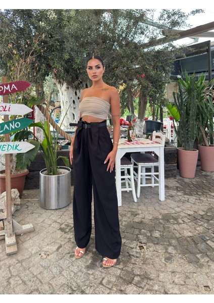 Siyah Keten Karışımlı Kemerli Pantolon fırsatları