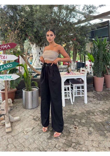 Siyah Keten Karışımlı Kemerli Pantolon indirimleri