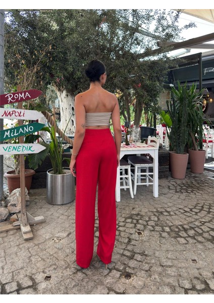 Kırmızı Keten Karışımlı Düz Paça Pantolon fiyatları