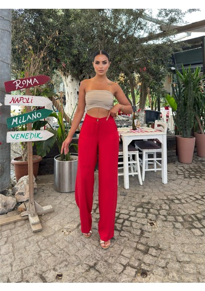 Kırmızı Keten Karışımlı Düz Paça Pantolon modelleri
