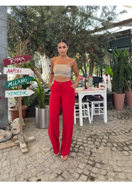 Kırmızı Keten Karışımlı Düz Paça Pantolon fırsatları