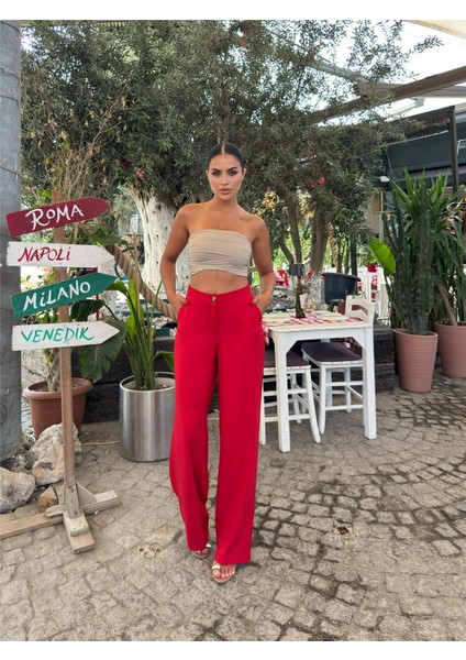 Kırmızı Keten Karışımlı Düz Paça Pantolon indirimleri