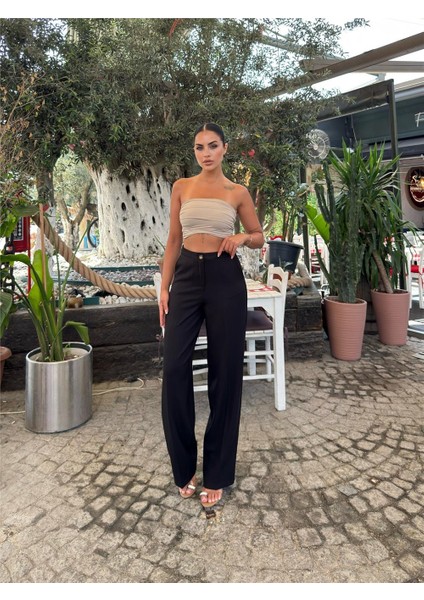 Siyah Keten Karışımlı Düz Paça Pantolon fiyatları