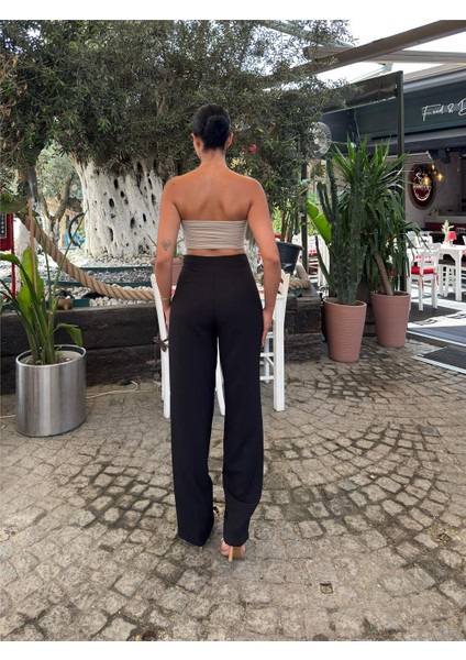 Siyah Keten Karışımlı Düz Paça Pantolon modelleri