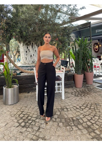 Siyah Keten Karışımlı Düz Paça Pantolon indirimleri