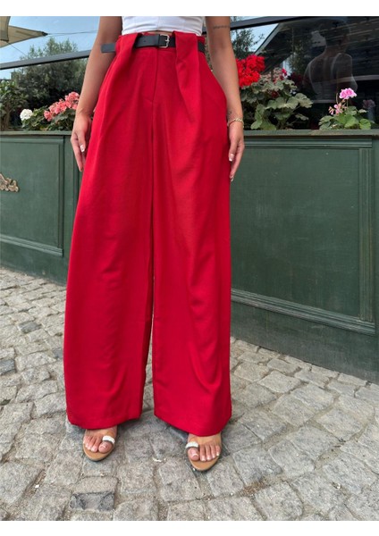 Kırmızı Keten Karışımlı Kemerli Pantolon