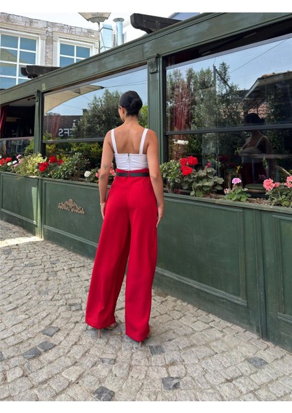 Kırmızı Keten Karışımlı Kemerli Pantolon fiyatları