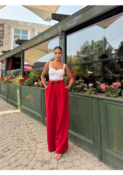 Kırmızı Keten Karışımlı Kemerli Pantolon fırsatları