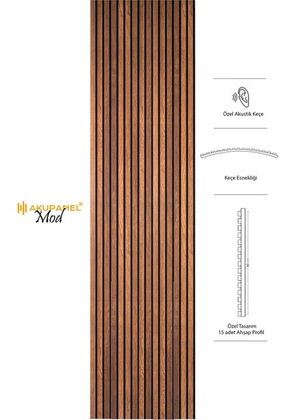 Mod 60X245 cm Ceviz Renk Akustik Ahşap Duvar Paneli