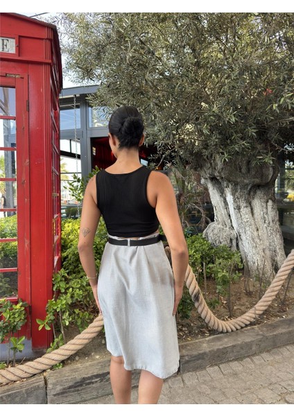 Gri Pileli Etek Kemerli Etek modelleri