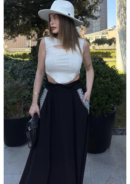 Kadın Siyah Beli Lastikli, Cepleri Hasır Işlemeli, Rahat Kesim, Uzun Kiloş Etek fiyatları