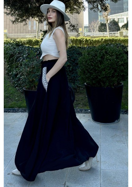 Kadın Siyah Beli Lastikli, Cepleri Hasır Işlemeli, Rahat Kesim, Uzun Kiloş Etek modelleri