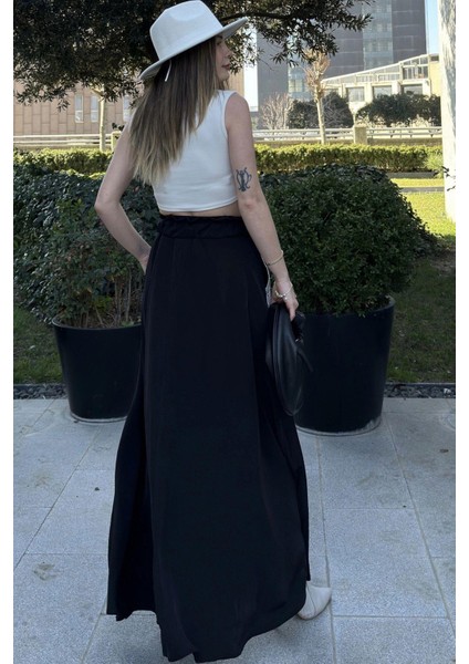 Kadın Siyah Beli Lastikli, Cepleri Hasır Işlemeli, Rahat Kesim, Uzun Kiloş Etek fırsatları