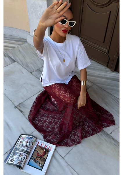 Kadın Bordo Uzun Dantel Maxi Etek