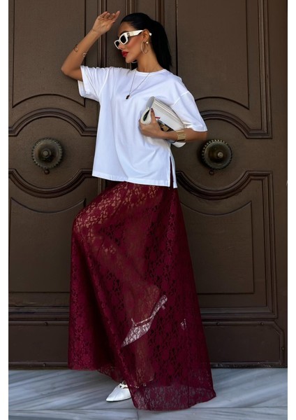 Kadın Bordo Uzun Dantel Maxi Etek fiyatları