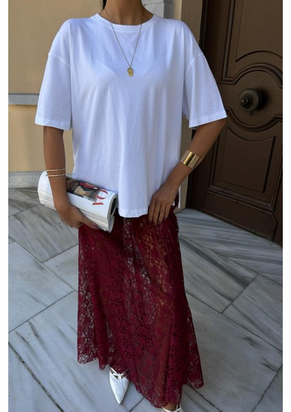 Kadın Bordo Uzun Dantel Maxi Etek modelleri