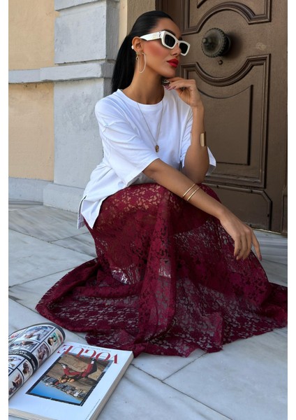 Kadın Bordo Uzun Dantel Maxi Etek fırsatları