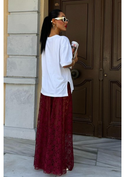 Kadın Bordo Uzun Dantel Maxi Etek indirimleri