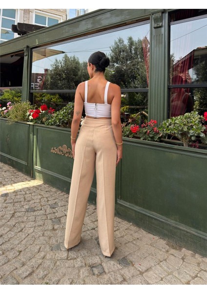 Bej Keten Karışımlı Düz Paça Pantolon modelleri