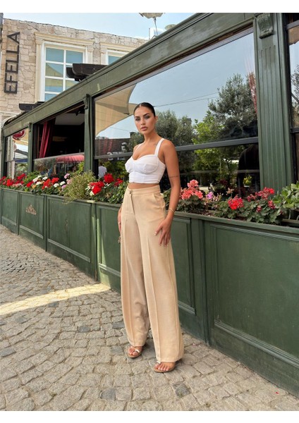 Bej Keten Karışımlı Düz Paça Pantolon fırsatları