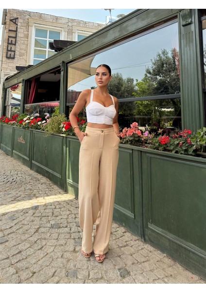Bej Keten Karışımlı Düz Paça Pantolon indirimleri