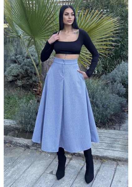 Mavi Yüksek Bel, Cepli, Kiloş Kesim, Pötikare Örme Kaşe Uzun Etek