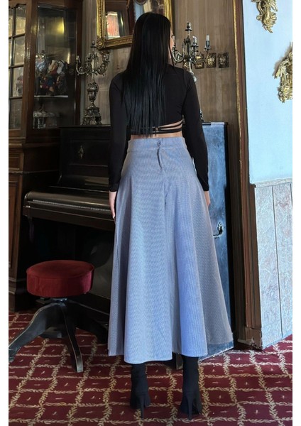 Mavi Yüksek Bel, Cepli, Kiloş Kesim, Pötikare Örme Kaşe Uzun Etek fiyatları