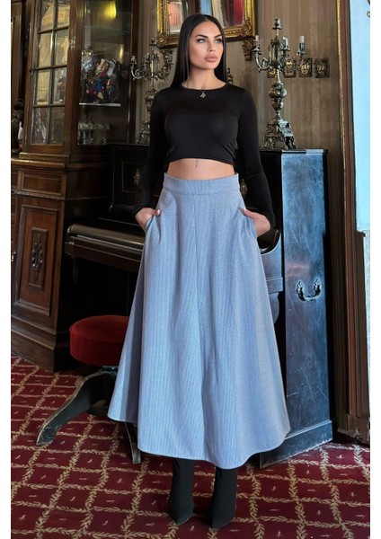 Mavi Yüksek Bel, Cepli, Kiloş Kesim, Pötikare Örme Kaşe Uzun Etek fırsatları