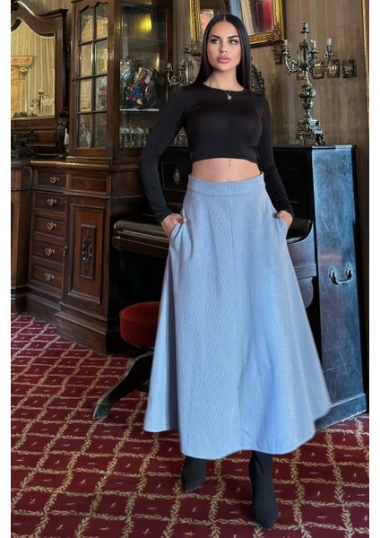 Mavi Yüksek Bel, Cepli, Kiloş Kesim, Pötikare Örme Kaşe Uzun Etek indirimleri
