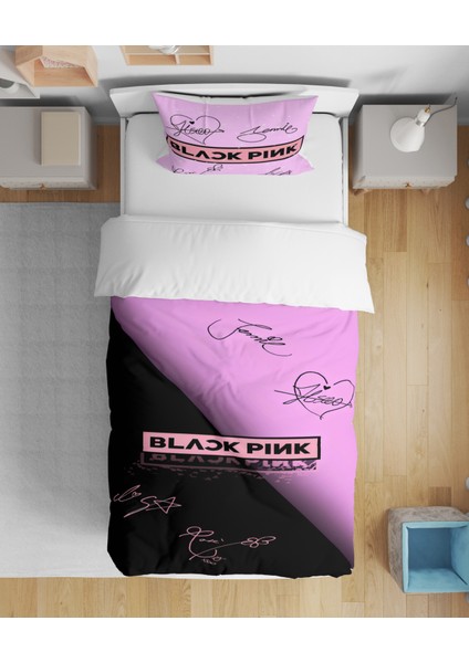 Black Pink 3D Dijital Baskılı Tek Kişilik Çarşafsız Genç Kız Genç Çocuk Nevresim Takımı