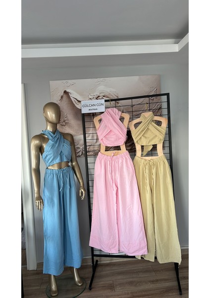 Pembe Premium Tasarım Boyundan Çapraz Bağlamalı Ikili Takım