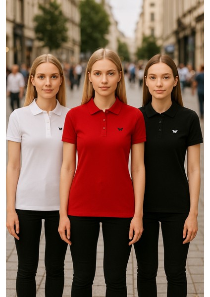 Kadın 3 Lü Paket Basic Armalı Düz Polo Yaka Tişört