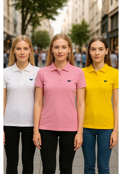 Kadın 3 Lü Paket Basic Armalı Düz Polo Yaka Tişört