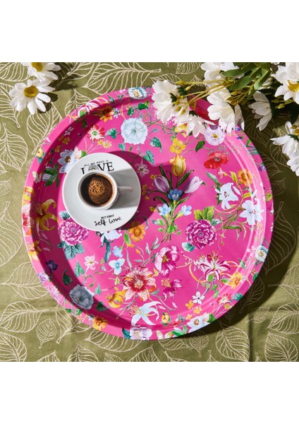 Çiçekli Tepsi - Pembe - 35 cm