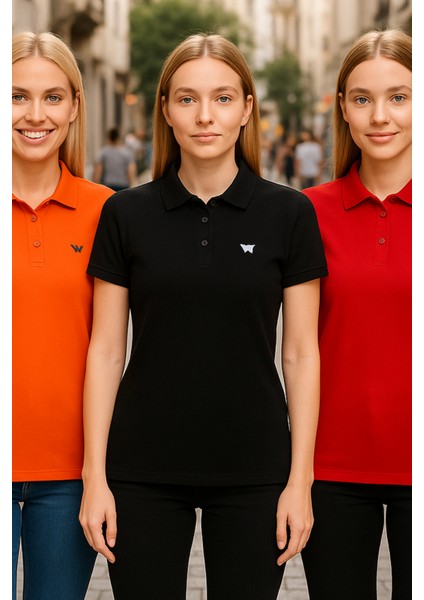 Kadın 3 Lü Paket Basic Armalı Düz Polo Yaka Tişört