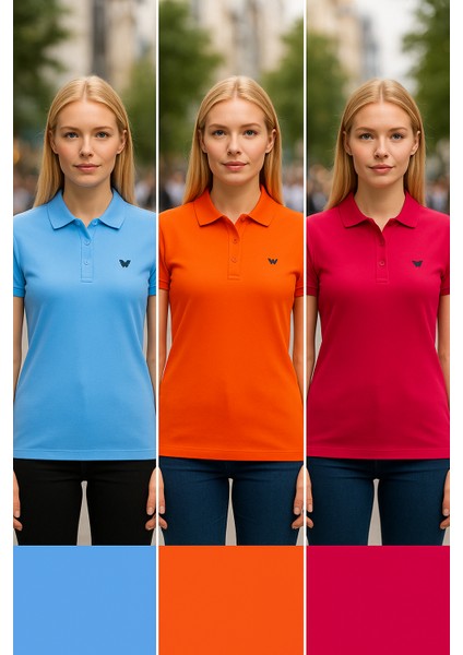 Kadın 3 Lü Paket Basic Armalı Düz Polo Yaka Tişört