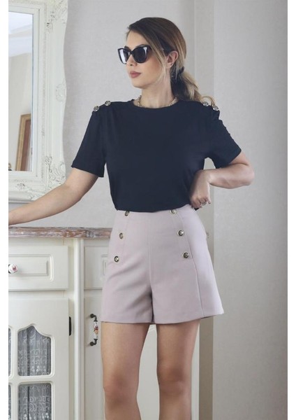 Kadın Bej Gold Düğme Detay Şort