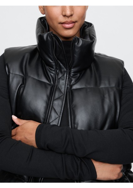 Kadın Siyah Vegan Deri Puffer Şişme Yelek modelleri