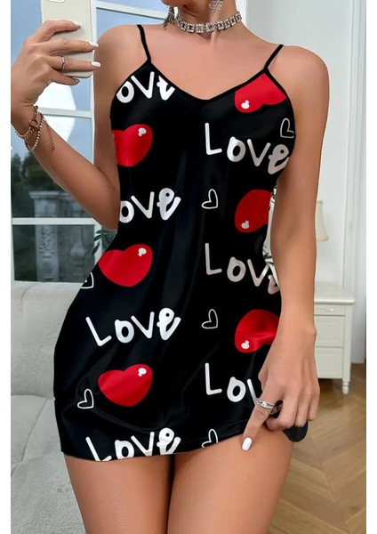 Love Desenli Saten Gecelik