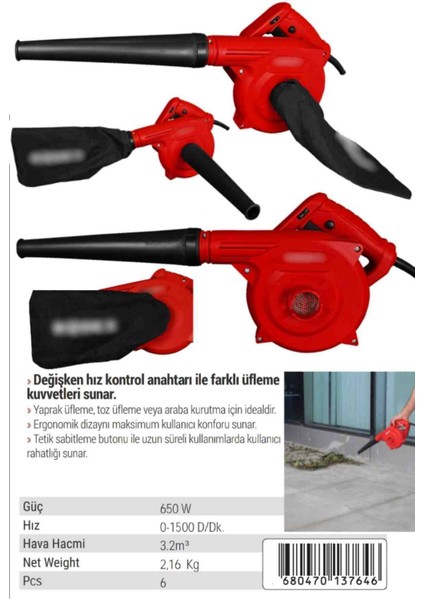 650 W Hava Çekme Üfleme Körük Makinesi Araba Koltuk Ev Süpürge Yaprak Bahçe Temizleme Mangal Yakma