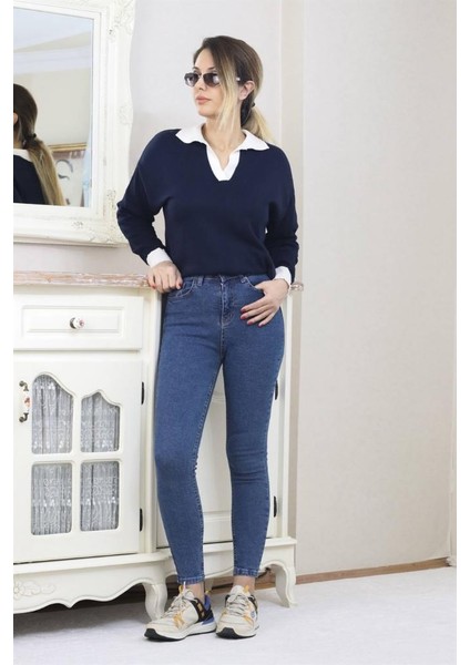 Kadın Koyu Mavi Motto Skinny Jean